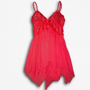 Red Lace Mesh Babydoll Chemise Lingerie Handkerchief Hem Sleepwear
